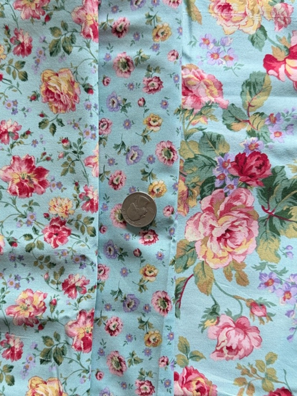 3 Coordinating Aqua Floral Cotton Fabric Bundle with Pink & Yellow Roses.